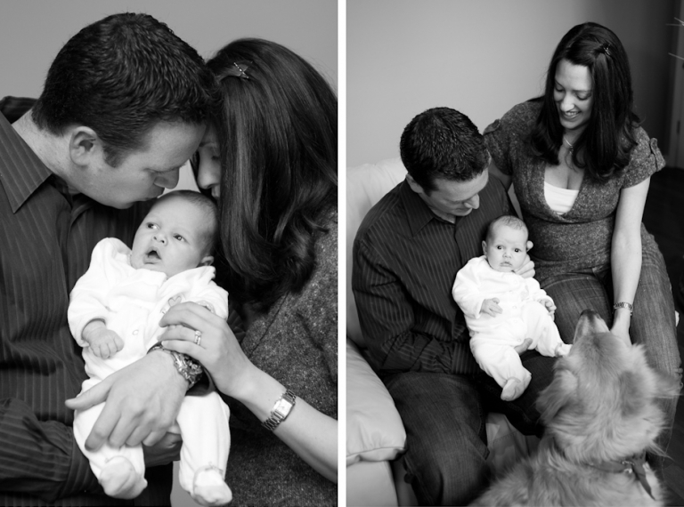 family with newborn and dog