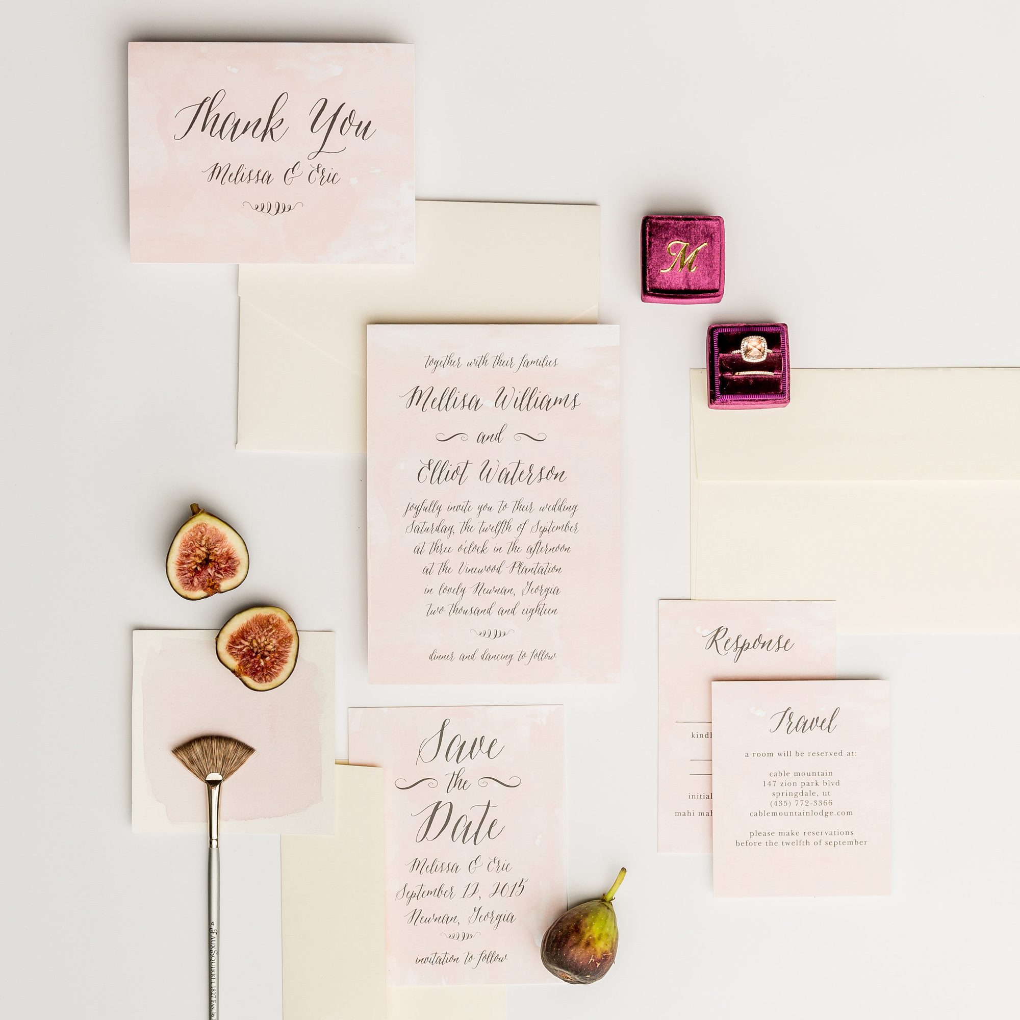 Pink hand-lettered wedding invitation